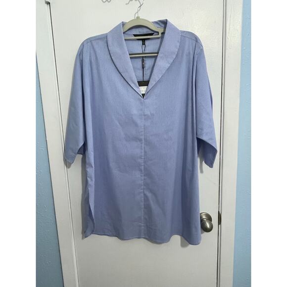 Ming Wang Tunic Blouse Large Blue Striped 3/4 Sleeve Oversized Office Preppy NWT - Picture 1 of 6